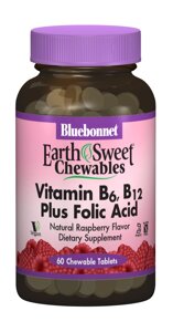 Вітамін В6, B12 + Фолієва кислота Earth Sweet Chewables Bluebonnet Nutrition Смак Малини 60 жувальних пігулок