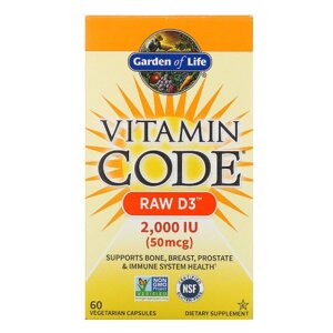 Сирий Вітамін D3, RAW D3, Vitamin Code, Garden of Life, 2000 МО ( 50 мкг ), 60 вегетаріанських капсул