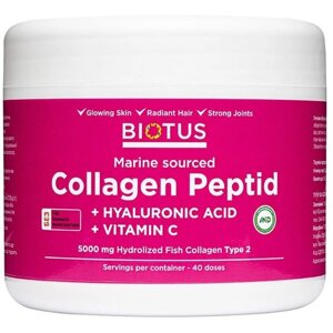 Комплекс для шкіри волосся нігтів Biotus Marine Sourced Collagen Peptid + Hyaluronic Acid + Vitamin C, 5000 mg 206 g /40