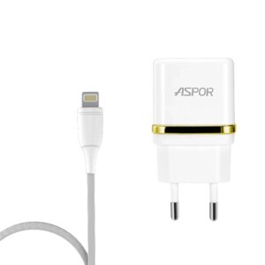 Мережевий зарядний пристрій Aspor A828 Eco 2USB/2.4A + кабель USB – Lightning- білий