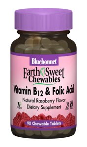 Вітамін В12 та Фолієва кислота Bluebonnet Nutrition Earth Sweet Chewables Смак Малини 90 жувальних таблеток