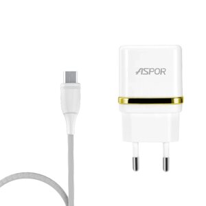 Мережевий зарядний пристрій для кабель Aspor A828 Eco 2USB/2.4A + USB – Type-C- білий