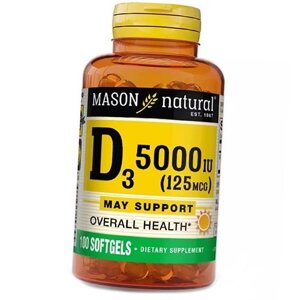 Вітамін Д3 Холекальциферол із риб'ячого жиру Vitamin D3 5000 Mason Natural 100гелкапс (36529011)