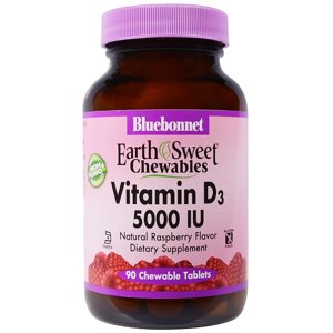 Вітамін D3 5000IU, Смак Маліни, Earth Sweet Chewables, Bluebonnet Nutrition, 90 Жів. таб.