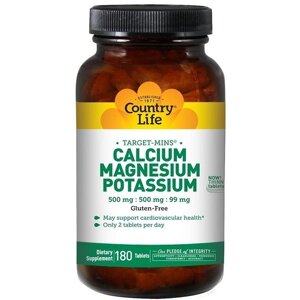 Мультимінеральний комплекс Country Life Calcium Magnesium and Potassium 500 mg: 500 mg: 99 mg 180 Tabs CLF-02486