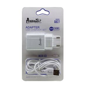 Мережевий зарядний пристрій кабель Avantis A827 (1USB/2,4A) + USB Micro-білий