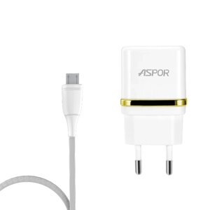 Мережевий зарядний пристрій для кабель Aspor A828 Eco 2USB/2.4A + USB – Micro- білий