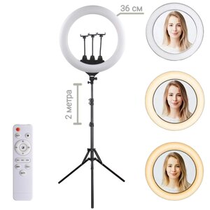 Кільцева LED лампа світлодіодна Ring Light LS-360 з трьома власниками для телефону 36 см + пульт + штатив 2 м