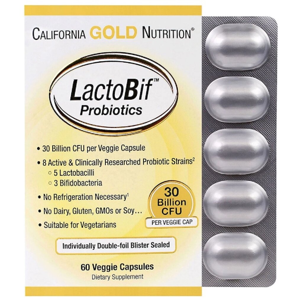 Пробіотики LactoBif, Probiotics, California Gold Nutrition, 30 млрд КУО, 60 овочевих капсул від компанії Придбай - фото 1