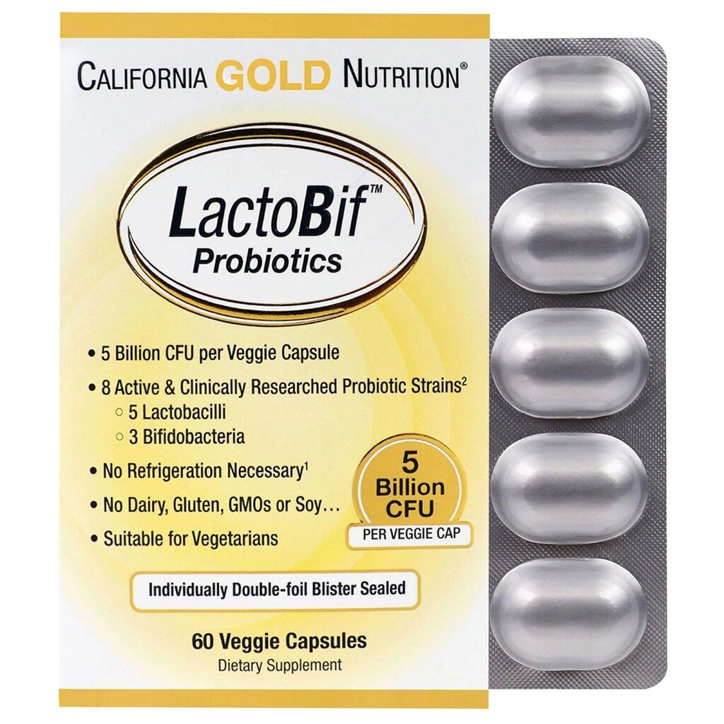 Пробіотики LactoBif, Probiotics, California Gold Nutrition, 5 млрд КУО, 60 овочевих капсул від компанії Придбай - фото 1