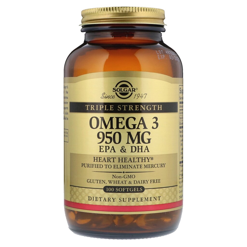 Риб'ячий Жир, Омега 3 (Omega-3 EPA, DHA), 950 мг, Потрійна Сила, Solgar, 100 желатинових капсул від компанії Придбай - фото 1