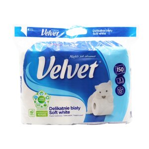 Туалетний папір Velvet Soft White тришаровий 150 відривів 12 рулонів