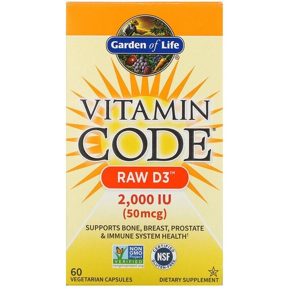 Вітамін D Garden of Life Vitamin Code RAW D3, 50 mcg (2,000 IU) 60 Veg Caps GOL-11413 від компанії Придбай - фото 1