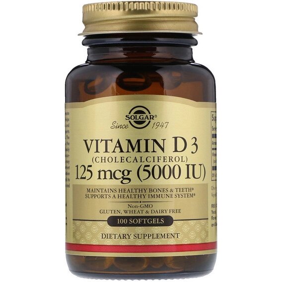 Вітамін D Solgar Vitamin D3 (Cholecalciferol) 5000 IU 100 Softgels від компанії Придбай - фото 1