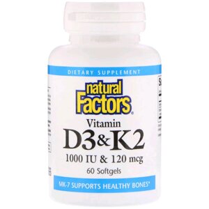 Вітамін D3 та К2 Natural Factors Vitamin D3 & K2 60 гелевих капсул (NFS01292)