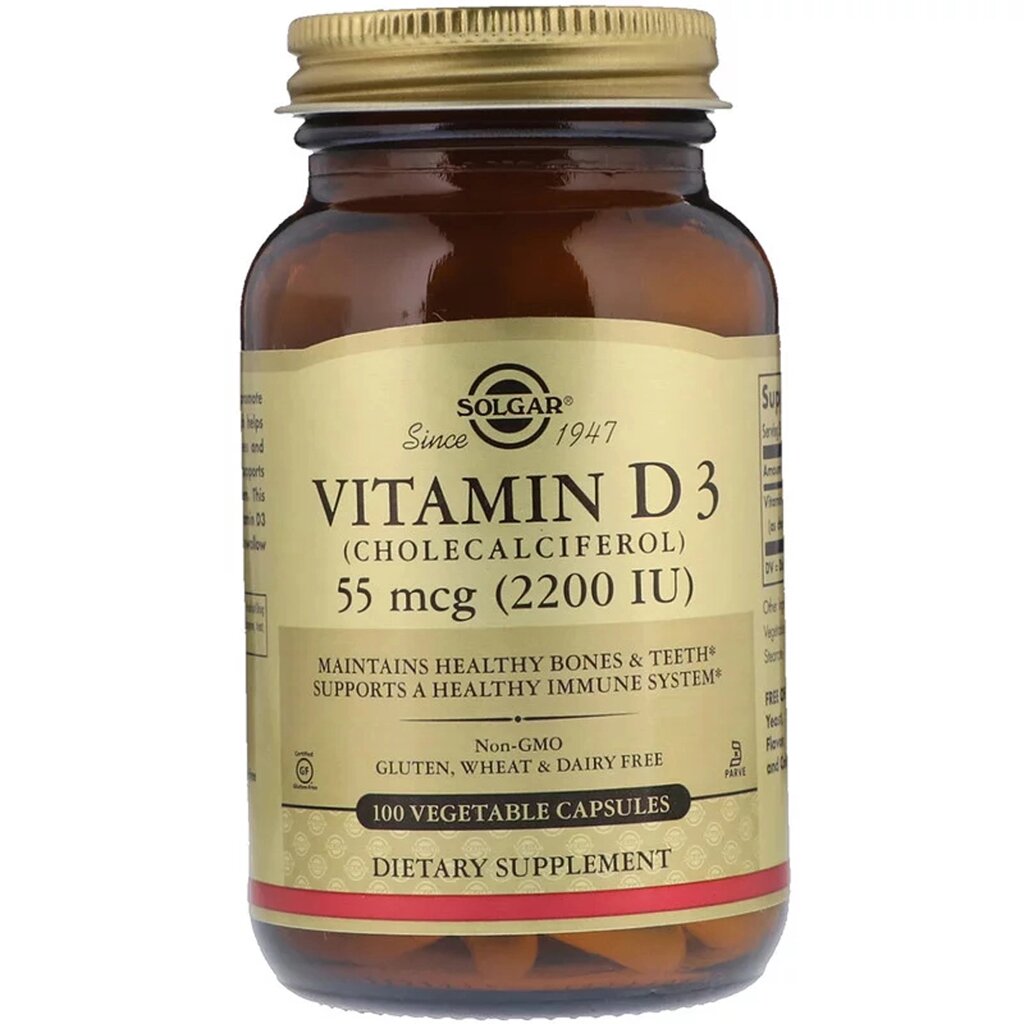 Вітамін D3, Vitamin D3 , 55 mcg (2200 IU), Solgar, 100 вегетаріанські капсули від компанії Придбай - фото 1