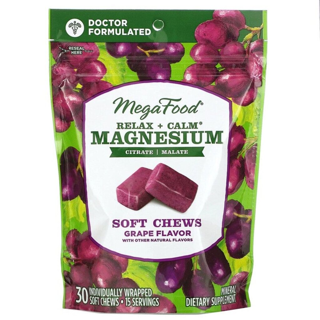 Заспокійливий Магній смак винограду Relax + Calm Magnesium Soft Chews Grape MegaFood 30 м'яких жувальних цукерок в від компанії Придбай - фото 1