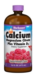 Рідкий Кальцій Цитрат Магнію + Вітамін D3 Bluebonnet Nutrition Смак Малини 16 рідких унцій (472 мл)
