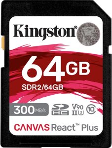 Карта памяти kingston 64 GB SDXC class 10 UHS-II U3 canvas react plus (SDR2/64GB)