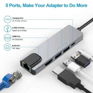 USB Hub Macbook Ноутбук Перехідник 5в1 TypeC USB HDMI Rj45 Ethernet No6