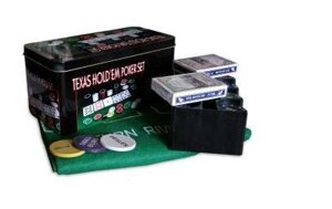 Покерний набір на 200 фішок із номіналом у металевій коробці «Техаський холдем»