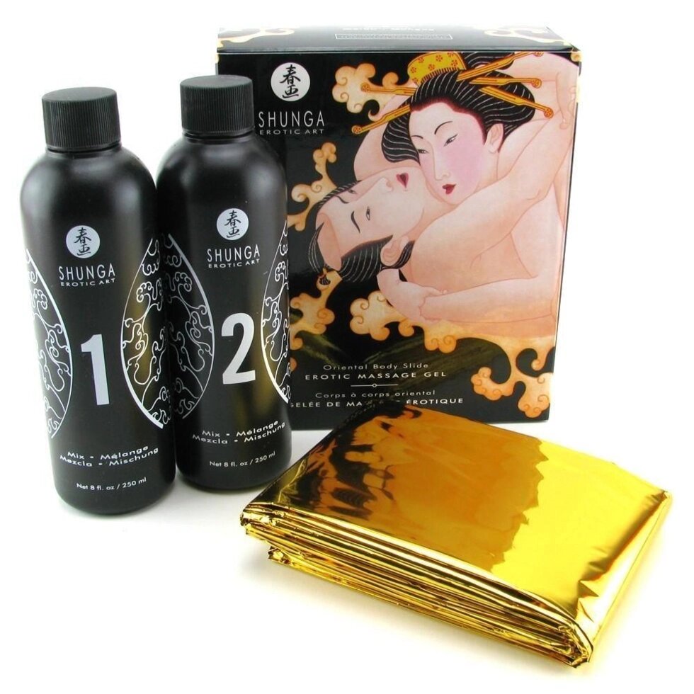 Гель для масажу з афродизіаком аромат диня з Манго Shunga ORIENTAL BODY-TO-BODY 2 x 225 мл з покривалом в комплекті від компанії TALLA - фото 1