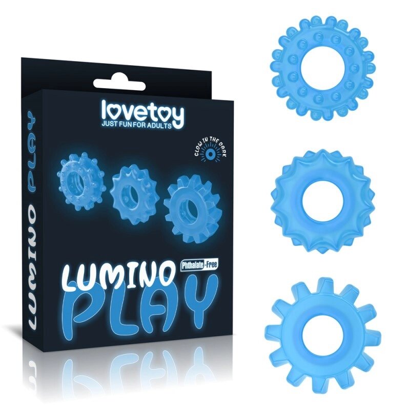 Кільця для пеніса ерекційні блакитні Lovetoy Lumino Play 3 штуки Talla від компанії TALLA - фото 1