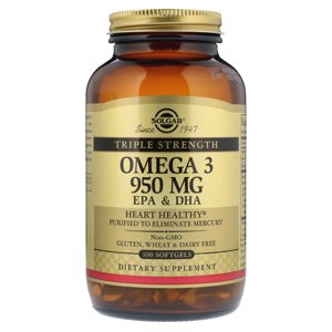 Рыбий Жир, Омега 3 (Omega-3 EPA, DHA), 950 мг, Тройная Сила, Solgar, 100 желатиновых капсул
