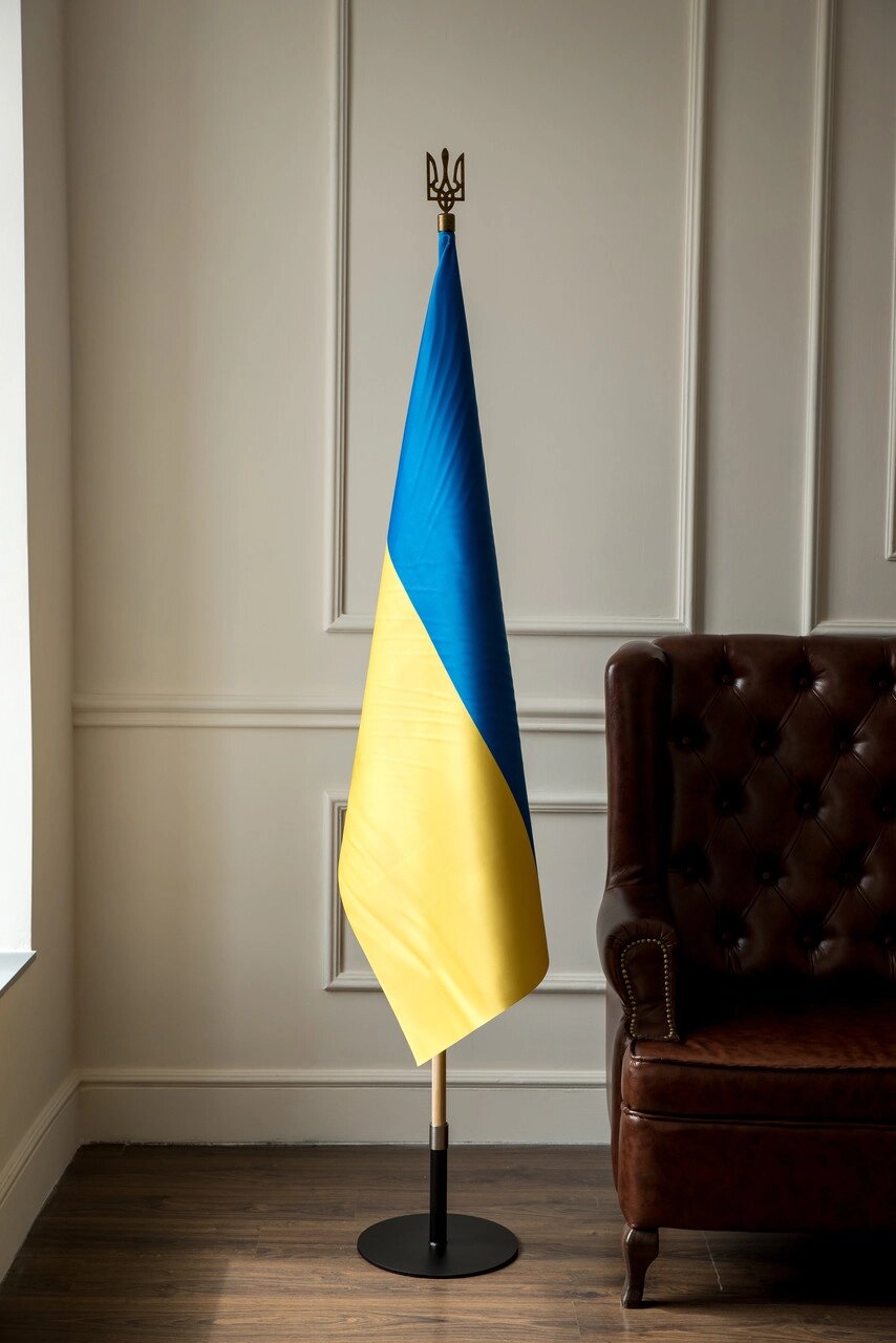 1 шт Набір для одного прапора, тримач для підлоги, атласний прапор України двосторонній, держак 2 м, наконечник Тризуб від компанії greencard - фото 1