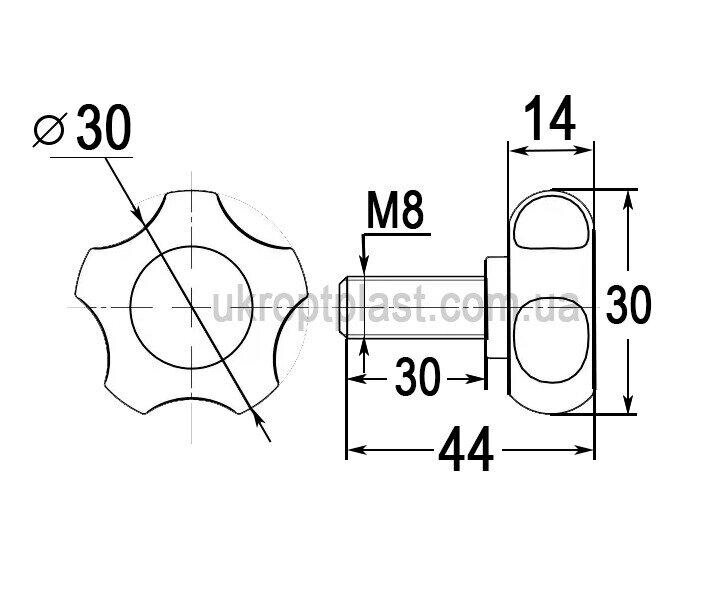 15 шт Ручка затискна з болтом (гвинтом) різьбою M8х30 D30 Код/Артикул 188 15-04 від компанії greencard - фото 1