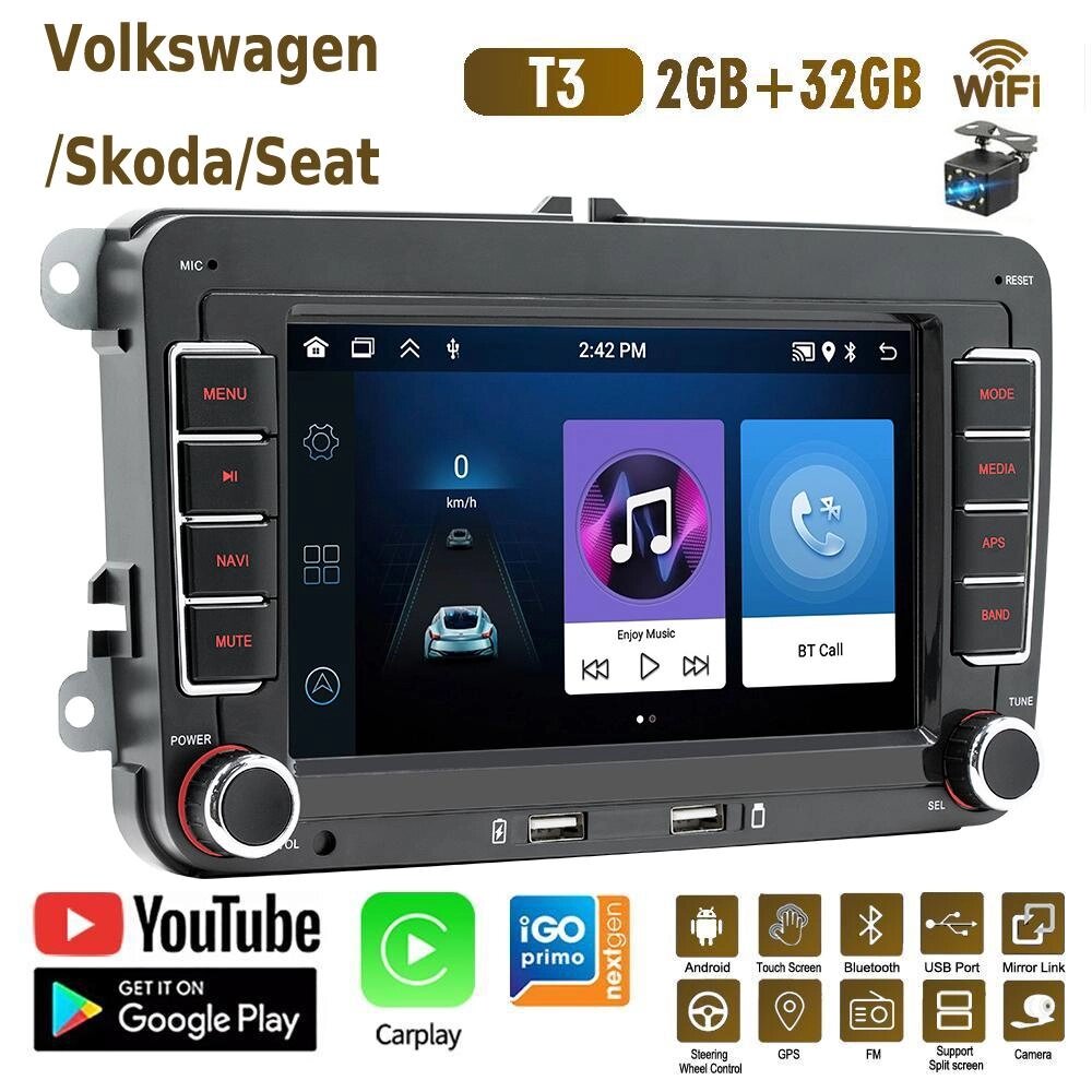 2Din Android Carplay GPS автомобільний мультимедійний програвач для Volkswagen Golf Polo Tiguan Passat b7 b6/SEAT Під від компанії greencard - фото 1