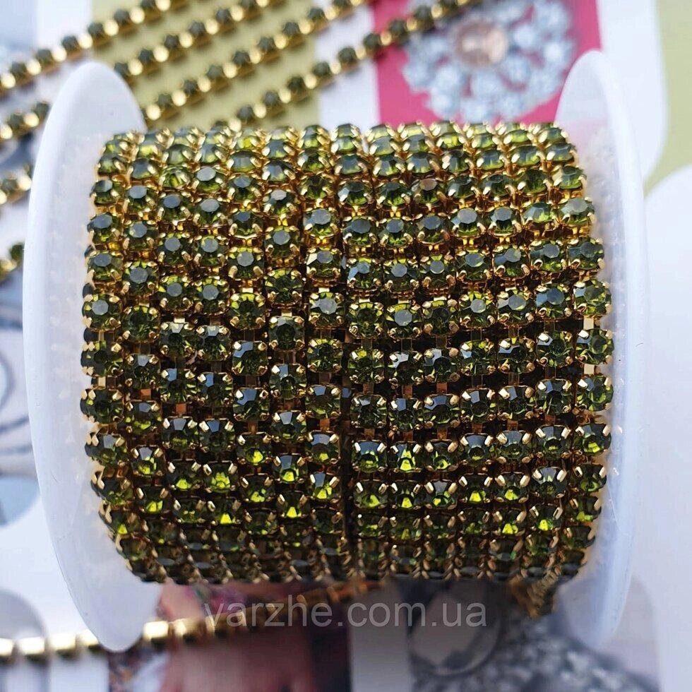 4 шт Стразовий ланцюжок під золото, щільний, колір каміння  PERIDOT, SS10, 0,5 м Код/Артикул 192 SP-611_10 від компанії greencard - фото 1