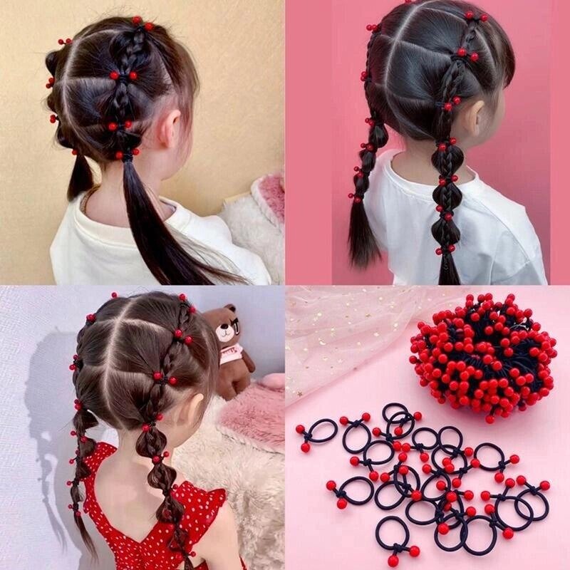 50 Шт. еластичні гумові стрічки для волосся для дівчаток, тримачі для хвоста з червоною квасолею, мотузка для волосся від компанії greencard - фото 1