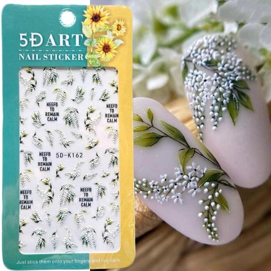5D тиснені наклейки для нігтів з білою квіткою, наклейки для нігтів, гравіювання, квіткові слайдери для нігтів від компанії greencard - фото 1