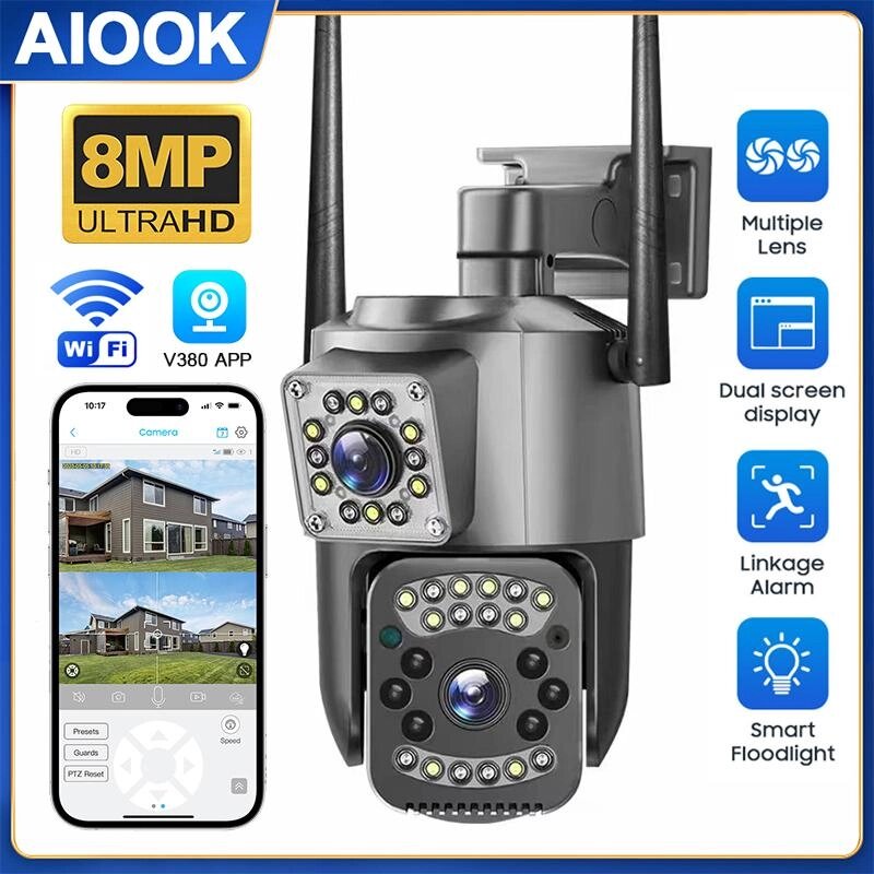 AIOOK 8MP 4K WIFI камера з двома об'єктивами, вулична бездротова IP-камера, інфрачервона камера нічного бачення, AI від компанії greencard - фото 1