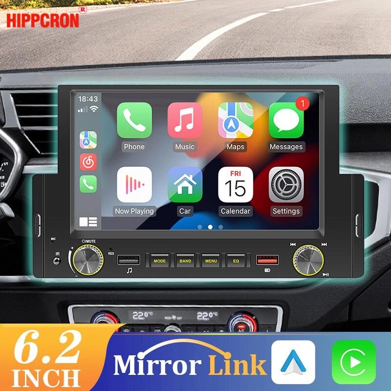 Автомобільне радіо Hippcron, 1din CarPlay, Android Auto, Bluetooth, мультимедійне відео, MP5-плеєр, 6,2-дюймовий Під від компанії greencard - фото 1