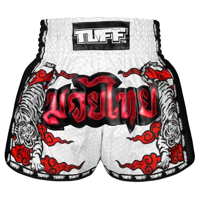 Бестселер TUFF Боксерські шорти для тайського боксу, новий ретро-стиль «Білий подвійний тигр із червоним текстом» Під від компанії greencard - фото 1