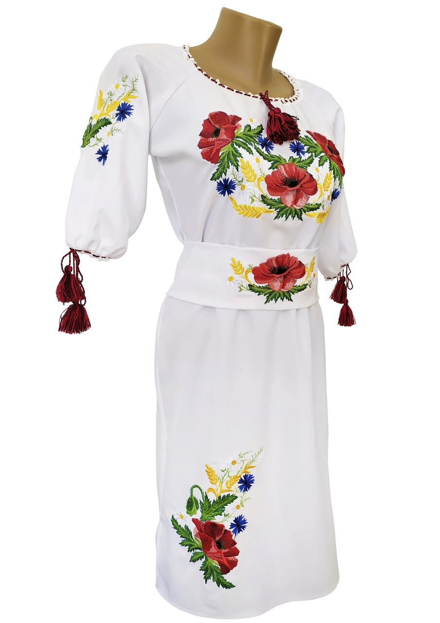 Біле вишите жіноче плаття великих розмірів з рукавом 3/4 «Мак-волошка» Код/Артикул 64 01154 від компанії greencard - фото 1