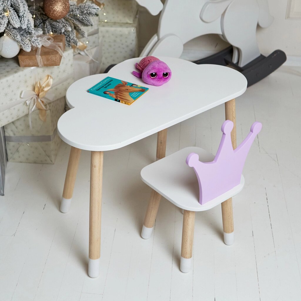 Білий столик хмарка та стільчик корона дитячий фіолетовий. Білосніжний столик дитячий. Код/Артикул 115 49129 від компанії greencard - фото 1