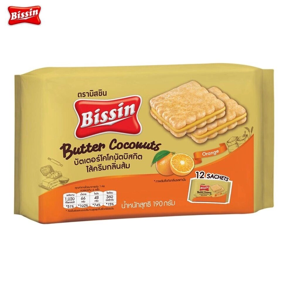 Bissin Печиво Orange Butter Coconuts 12 пакетиків 190 г x 1 шт / 3 шт / 6 шт - Thai Snacks Під замовлення з Таїланду за  від компанії greencard - фото 1