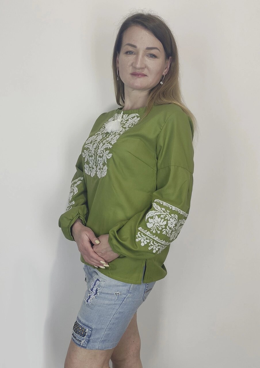 Борщівська жіноча вишиванка на довгий рукав на домотканому полотні хакі Код/Артикул 64 11283 від компанії greencard - фото 1