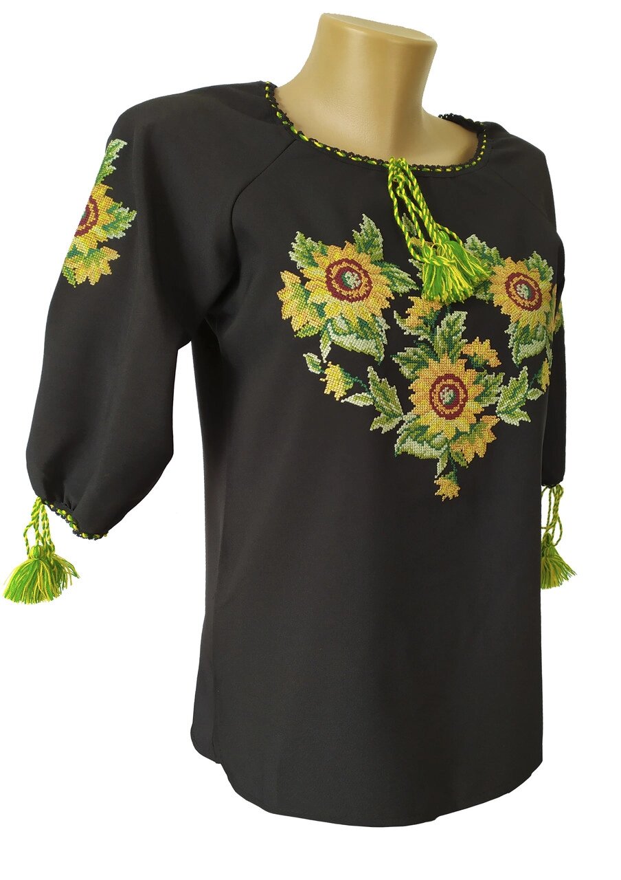 Чорна жіноча вишита сорочка квітами у великих розмірах Код/Артикул 64 04213 від компанії greencard - фото 1