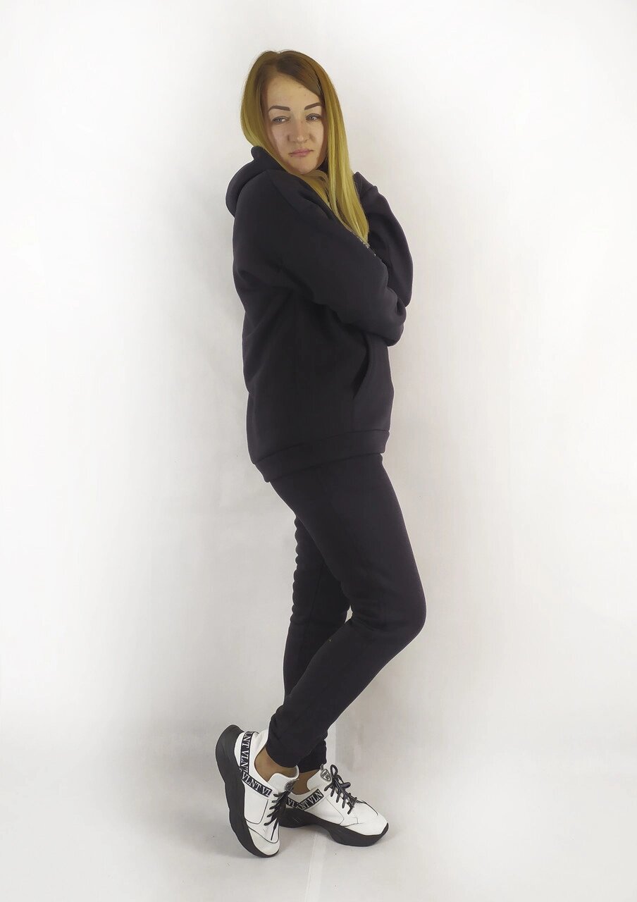 Чорний жіночий спортивний костюм із капюшоном та завуженими штанами на зиму XL, XXL, 3XL Код/Артикул 64 11068 від компанії greencard - фото 1