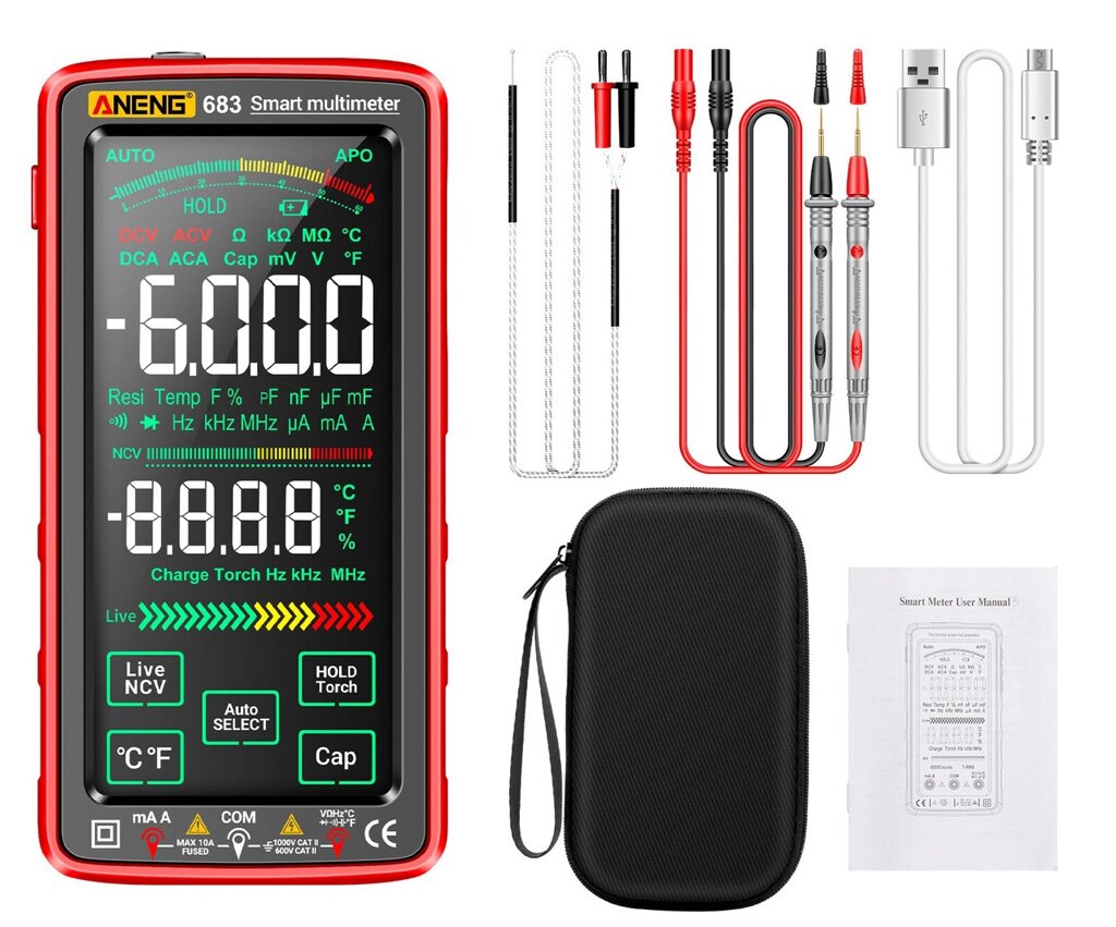 Цифровий автоматичний мультиметр тестер ANENG 683 Red з сенсорним екраном Код/Артикул 184 від компанії greencard - фото 1