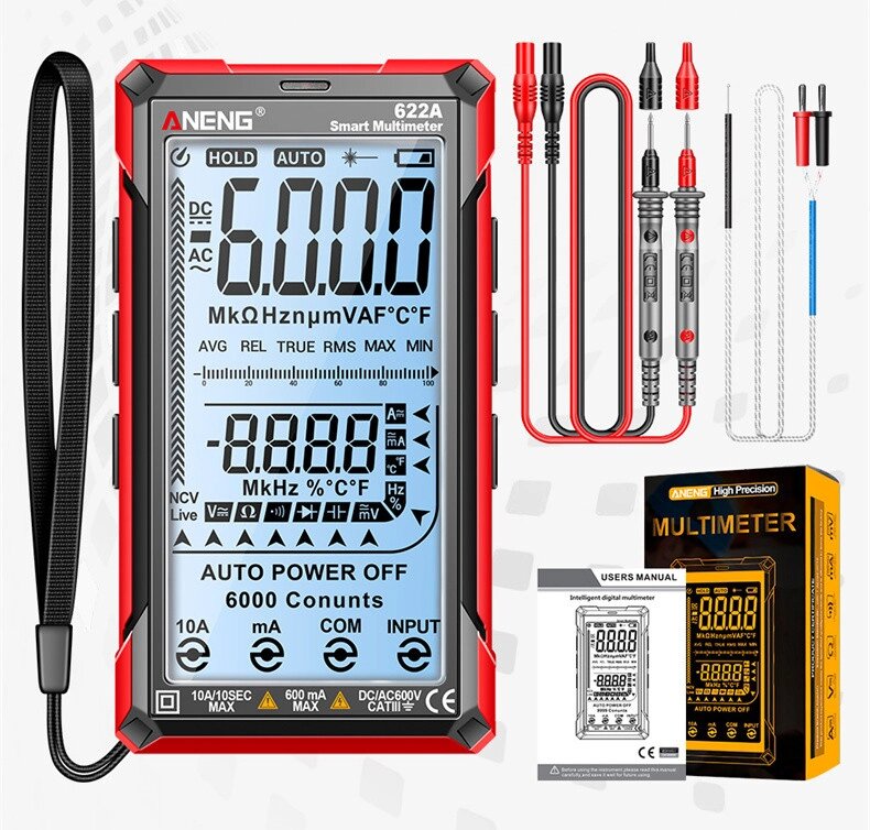 Цифровий інтелектуальний мультиметр ANENG 622A Red з автоматичним діапазоном Код/Артикул 184 123993 від компанії greencard - фото 1