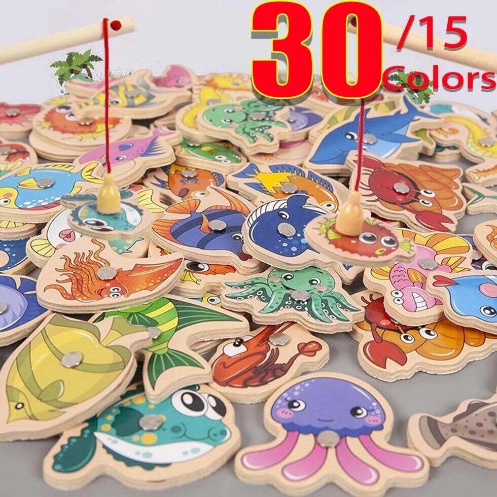 Дерев'яні магнітні іграшки Монтессорі для риболовлі для дітей, мультфільми, морське життя, пізнавальні ігри с від компанії greencard - фото 1