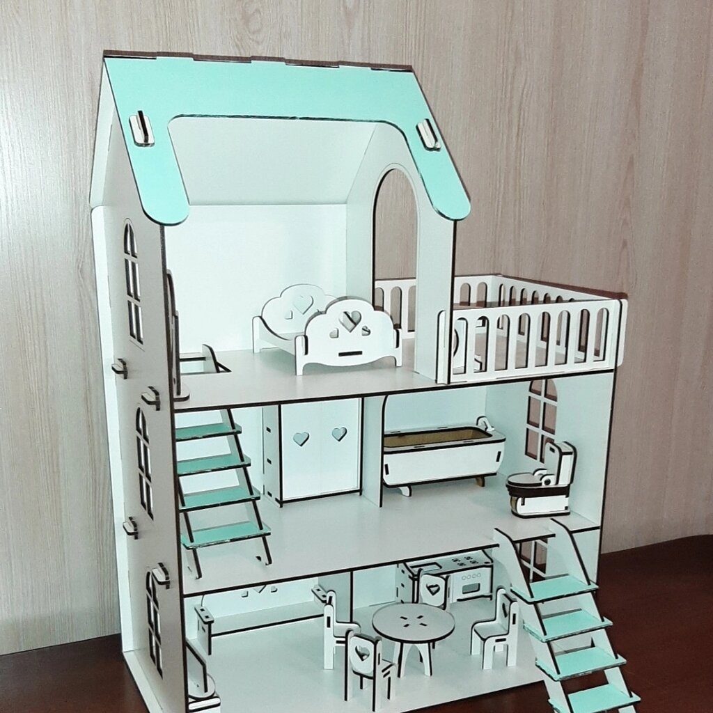 Дерев'яний дитячий ляльковий самозбірний будиночок для ляльок, 5 кімнат, з меблями, з терасою та сходами, з хдф від компанії greencard - фото 1