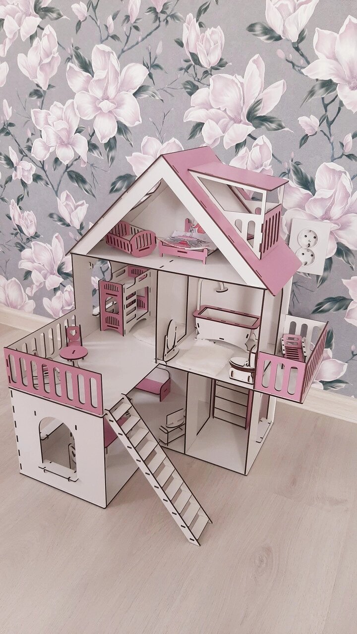 Дерев'яний дитячий самозбірний ляльковий будиночок для ляльок з меблями, з терасою, з балконом і зі сходами Код/Артикул  від компанії greencard - фото 1