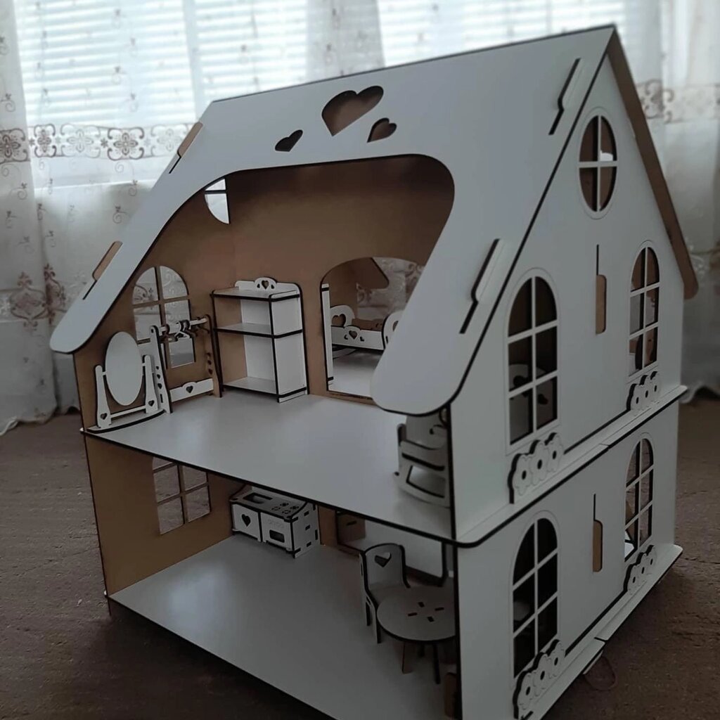 Дерев'яний двосторонній самозбірний іграшковий будиночок для ляльок на два поверхи з меблями та вікнами з фанери від компанії greencard - фото 1