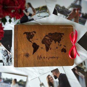 Дерев'яний фотоальбом з картою світу на обкладинці | фотоальбом з паперовими сторінками, тревелбук Код/Артикул 182